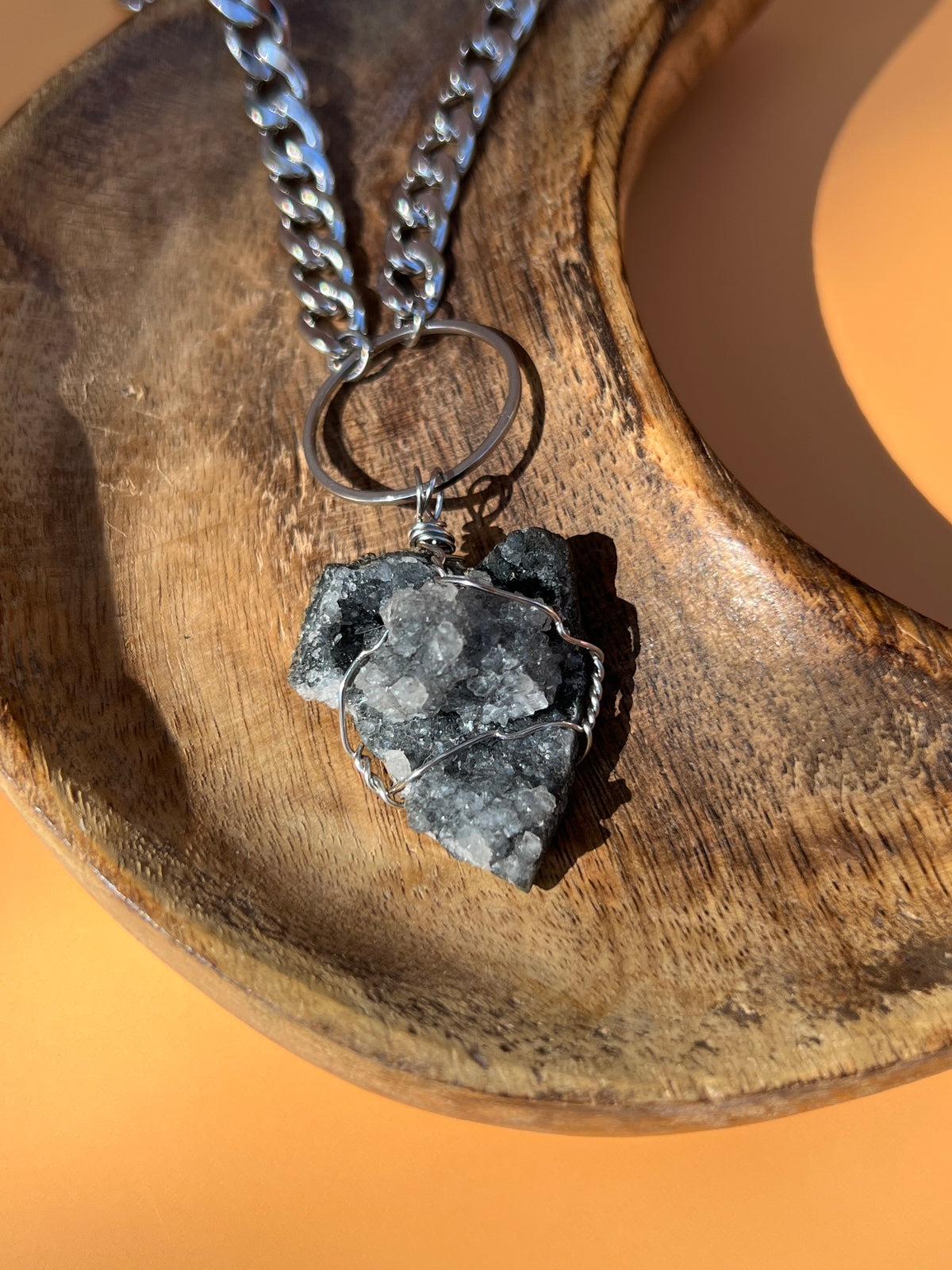 Black Druzy Chalcedony Wrapped Silver Necklace