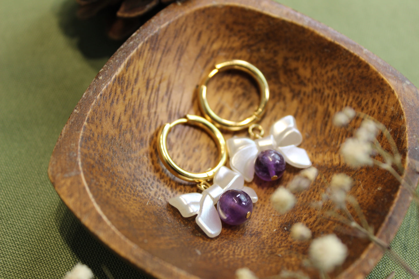 Amethyst Bow Gold Earrings