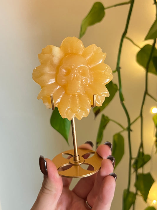 Orange Calcite Skull Flower on Stand