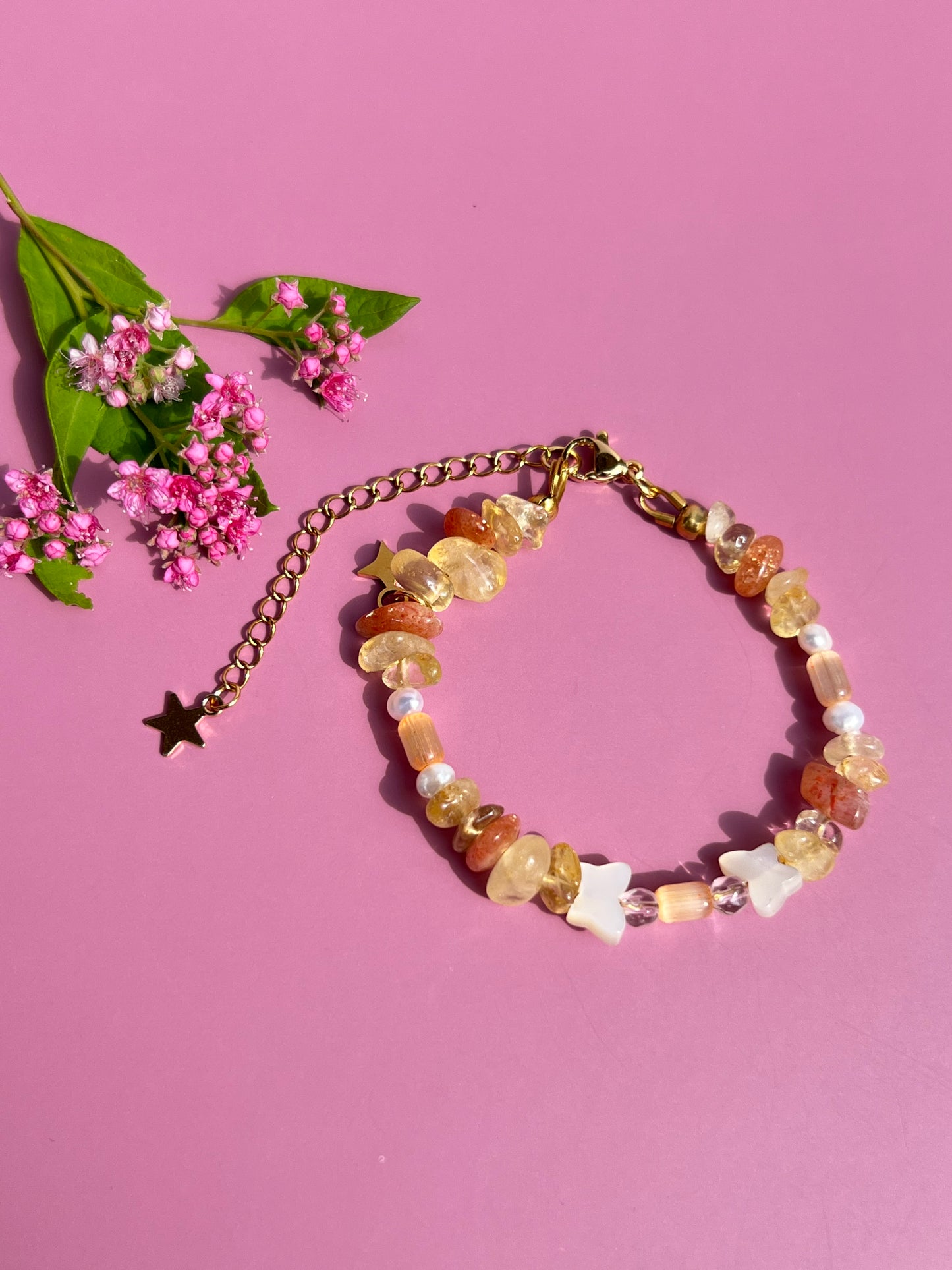 Sunstone + Pearl Butterfly Shell Bracelet ☀️🦋