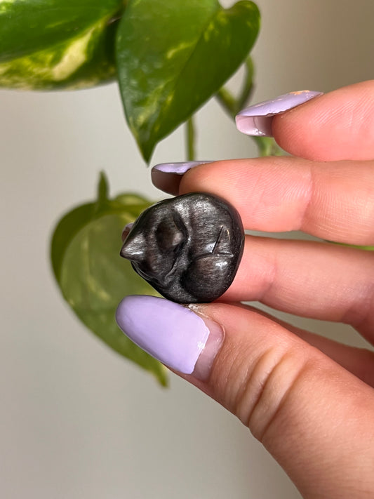 Silver Sheen Obsidian Small Sleeping Cat