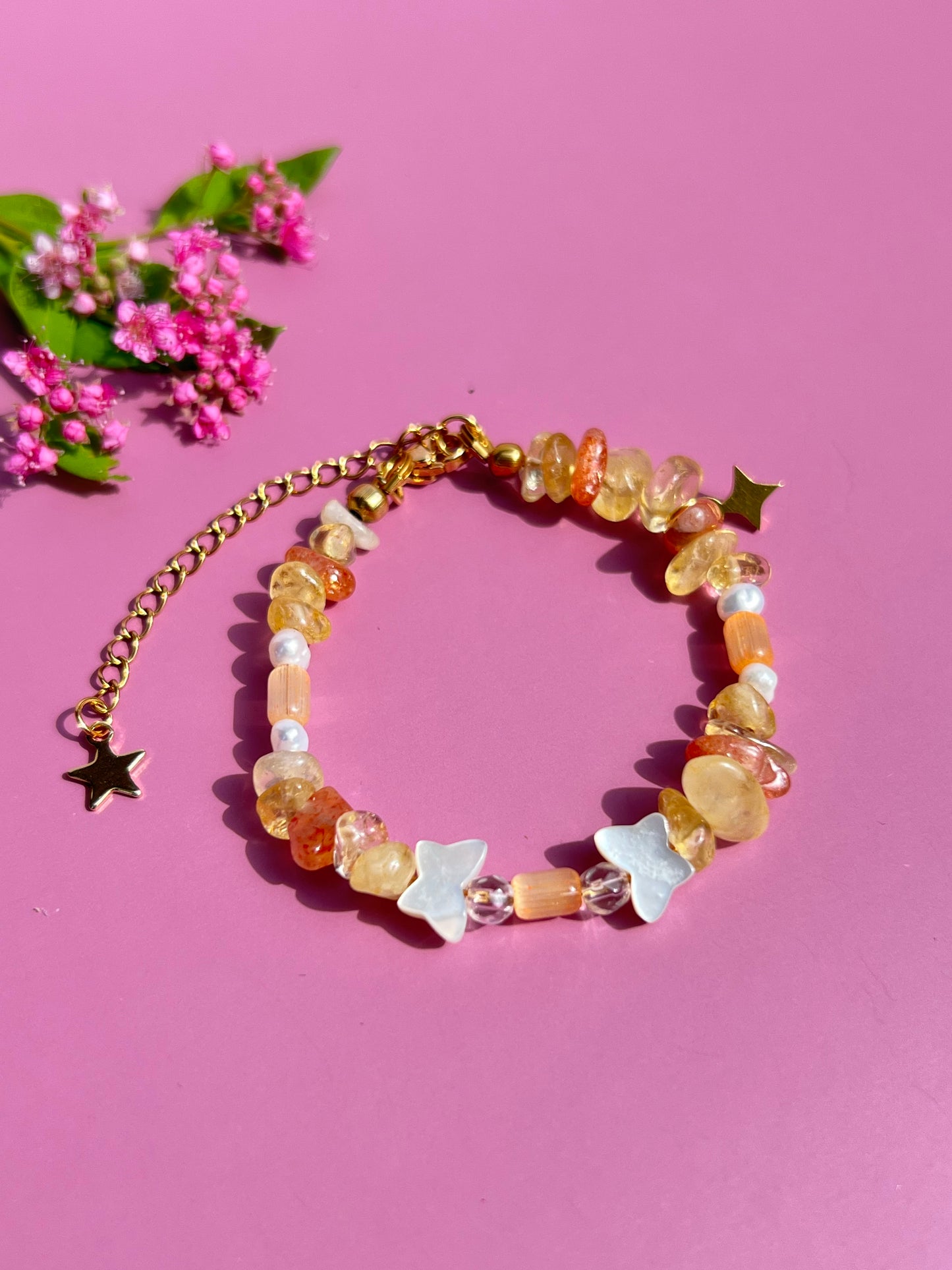 Sunstone + Pearl Butterfly Shell Bracelet ☀️🦋