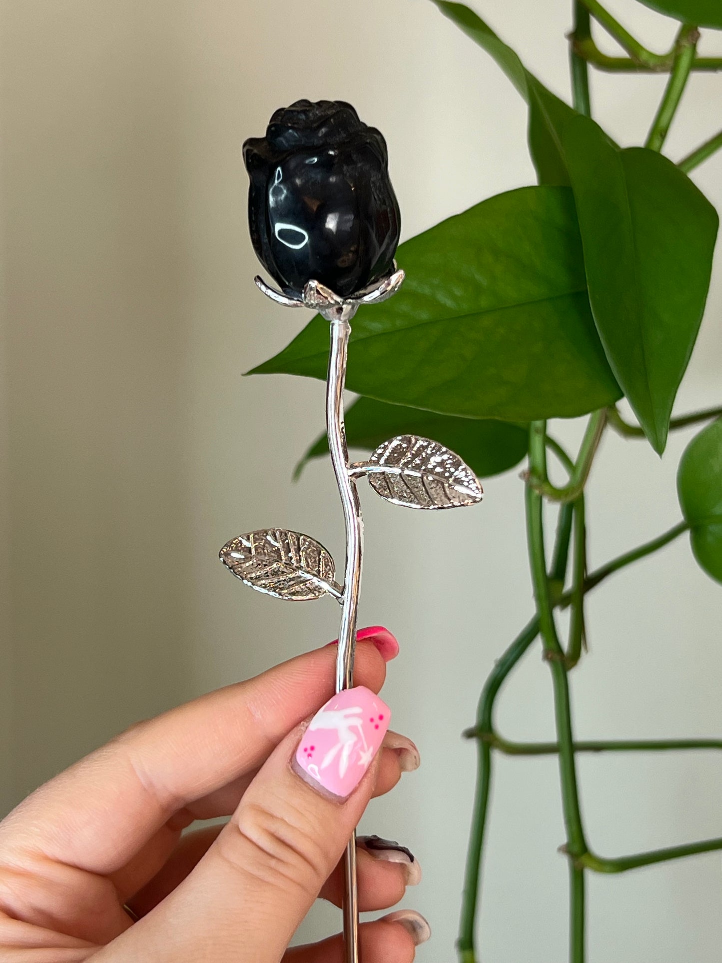 Black Obsidian Rose Silver Stem