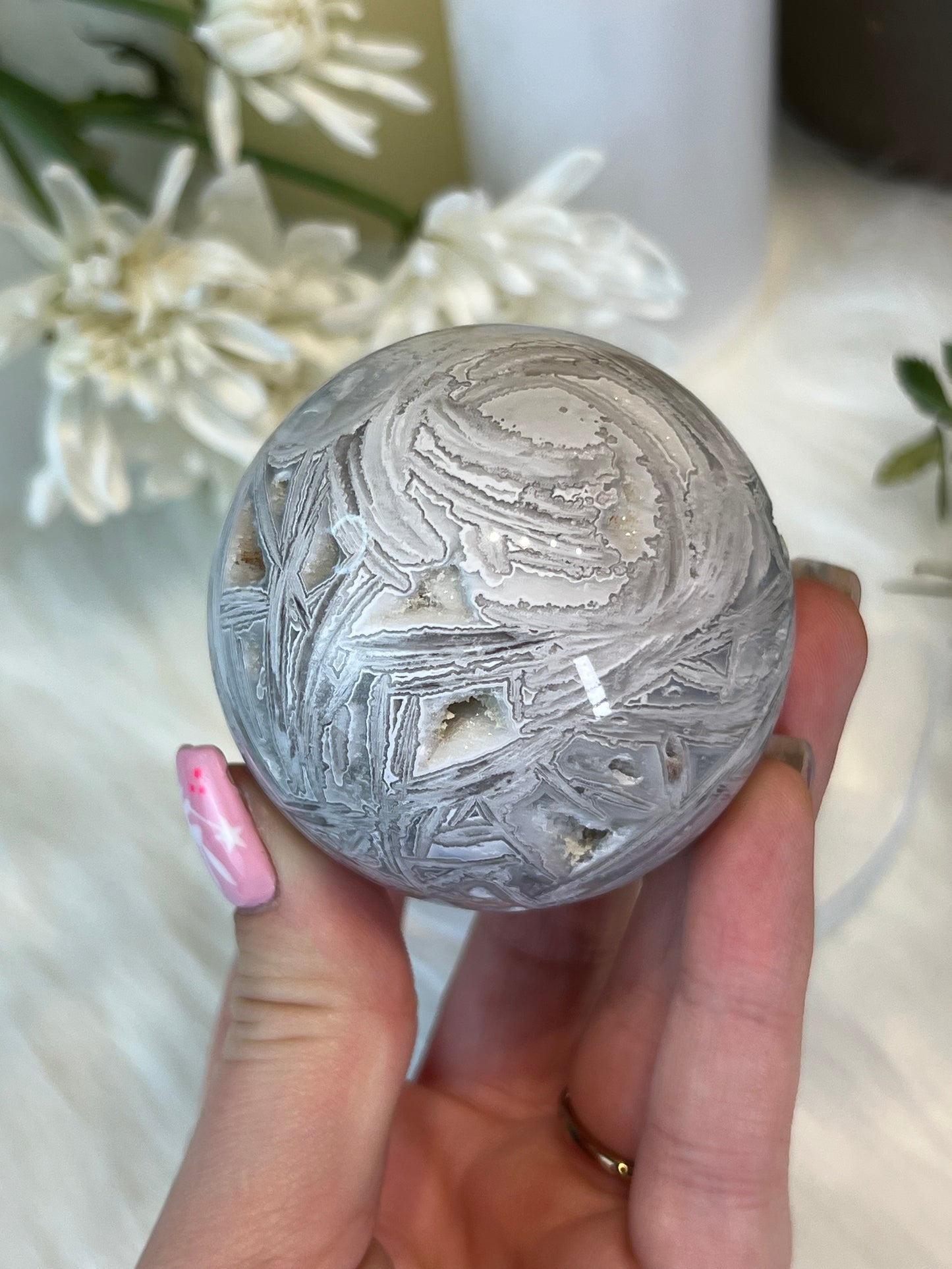 White Lace Agate Druzy Sphere L