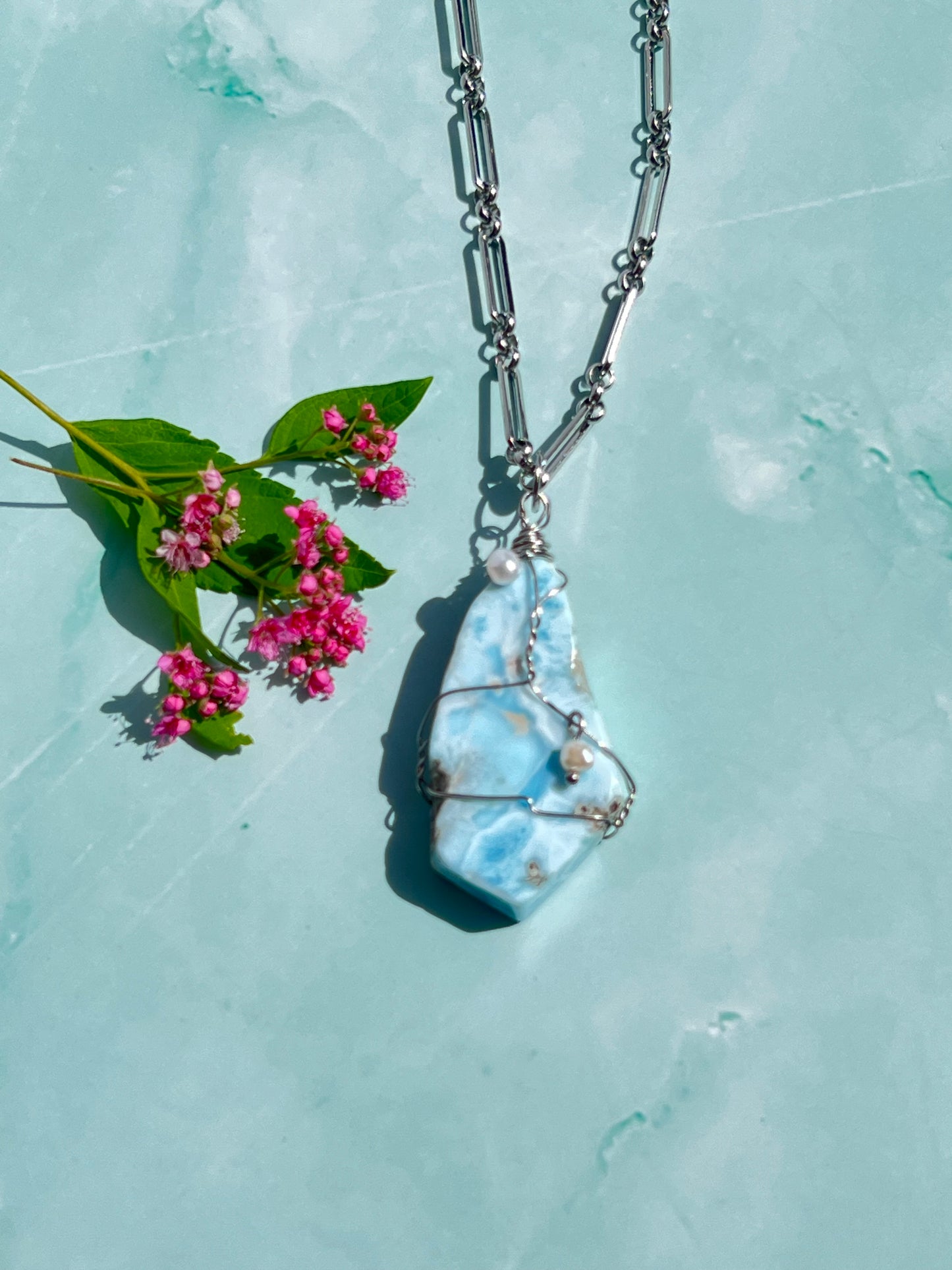 Larimar + Freshwater Pearl Wrapped Silver Necklace