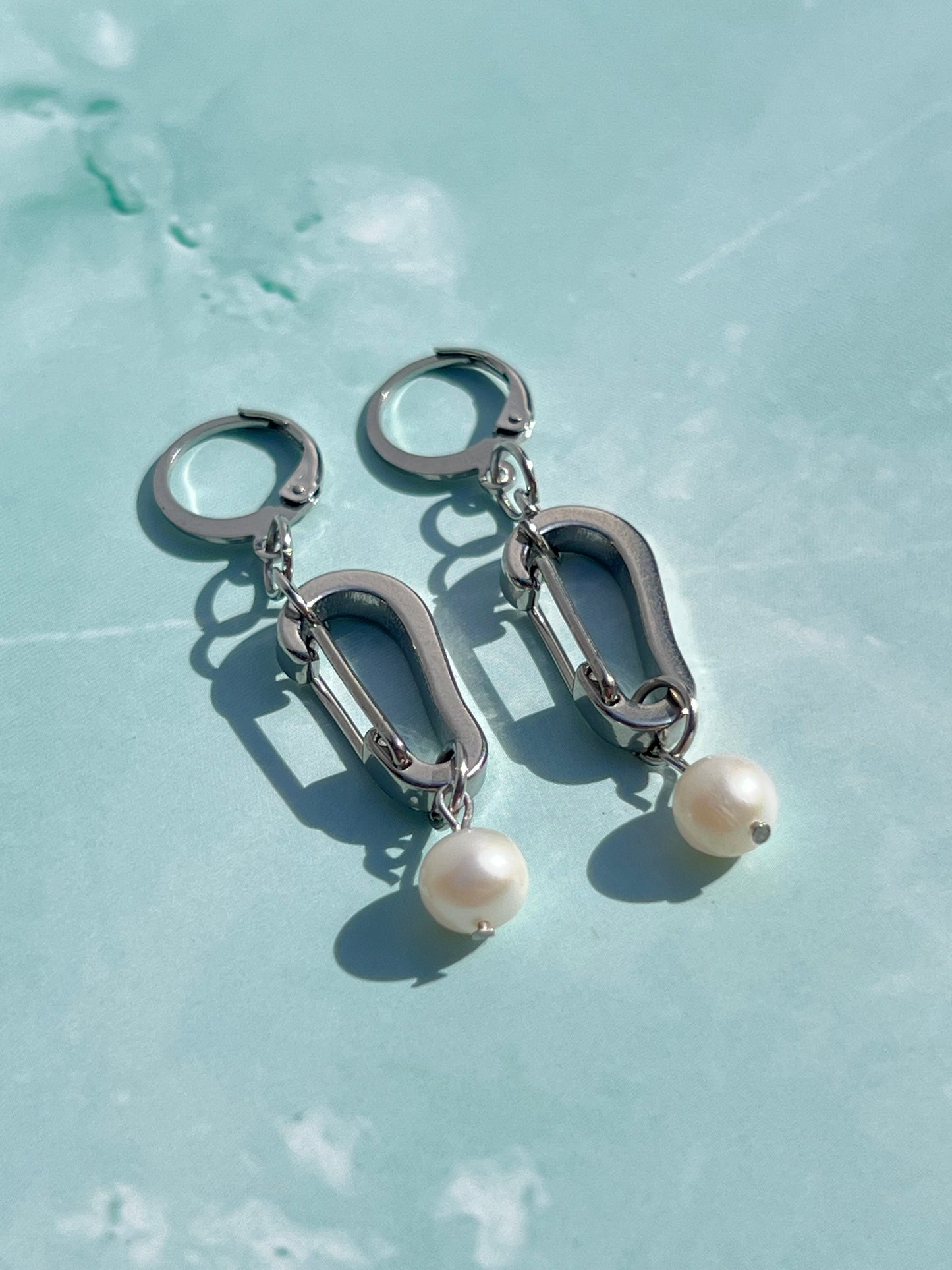 Freshwater Pearl Silver Carabiner Earrings