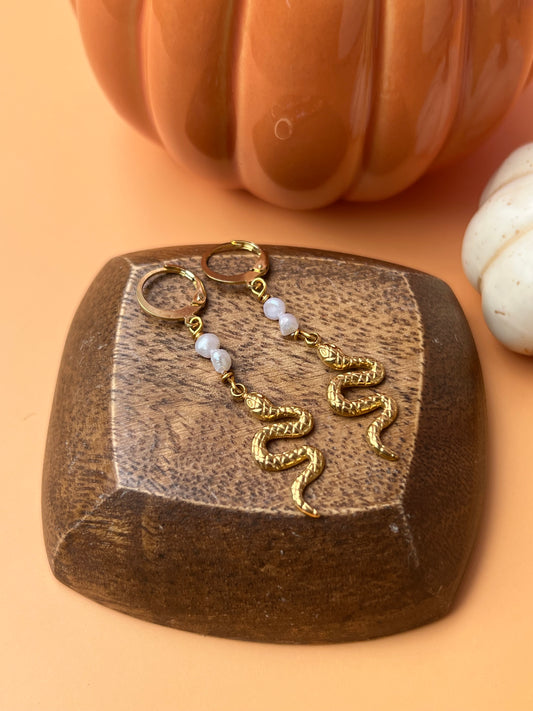 Freshwater Pearl Gold Snake Earrings