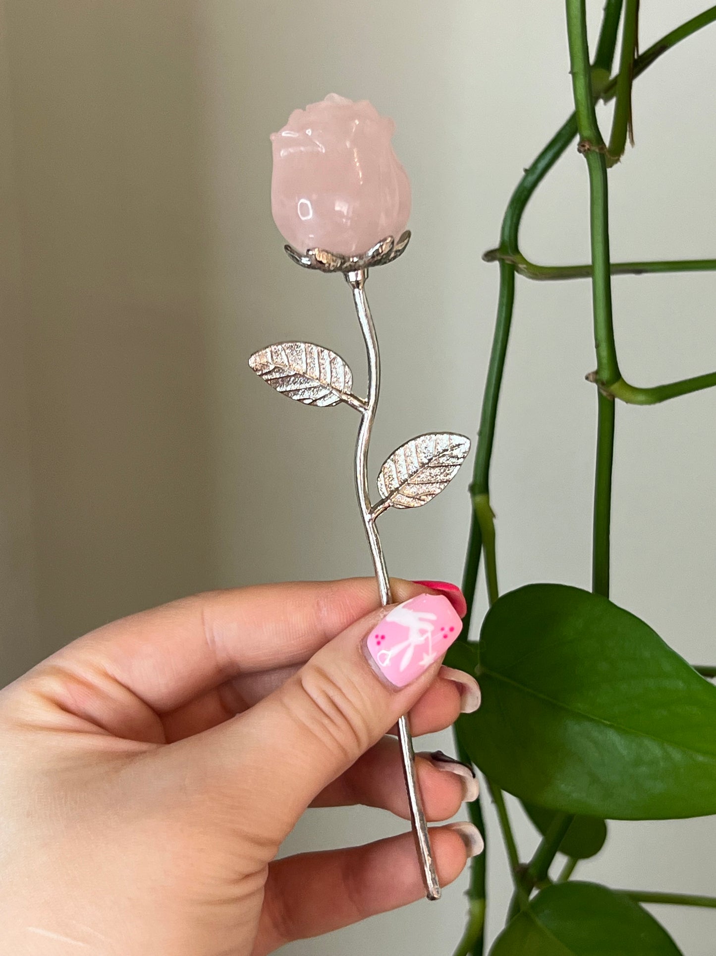 Rose Quartz Rose Silver Stem