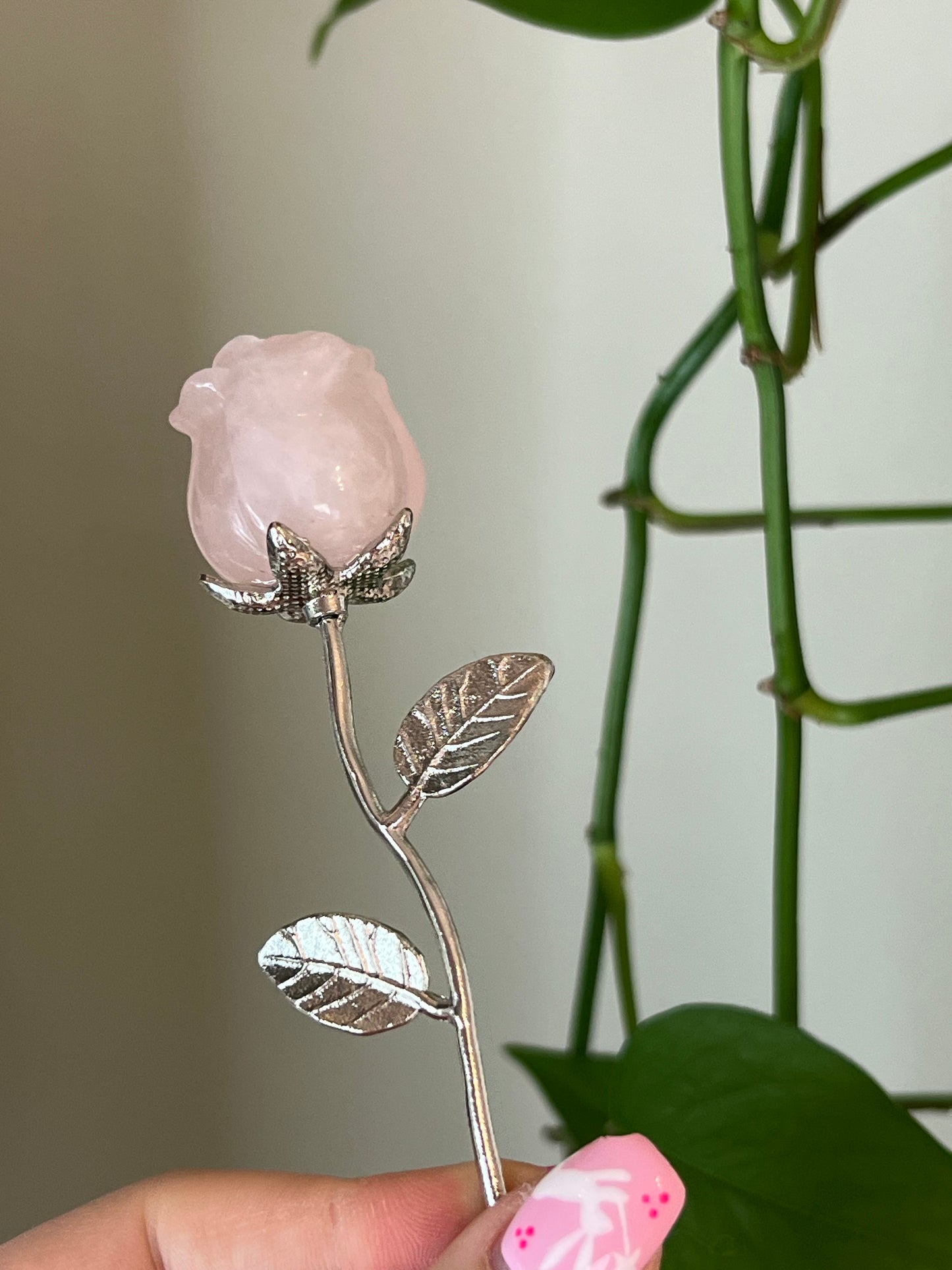 Rose Quartz Rose Silver Stem