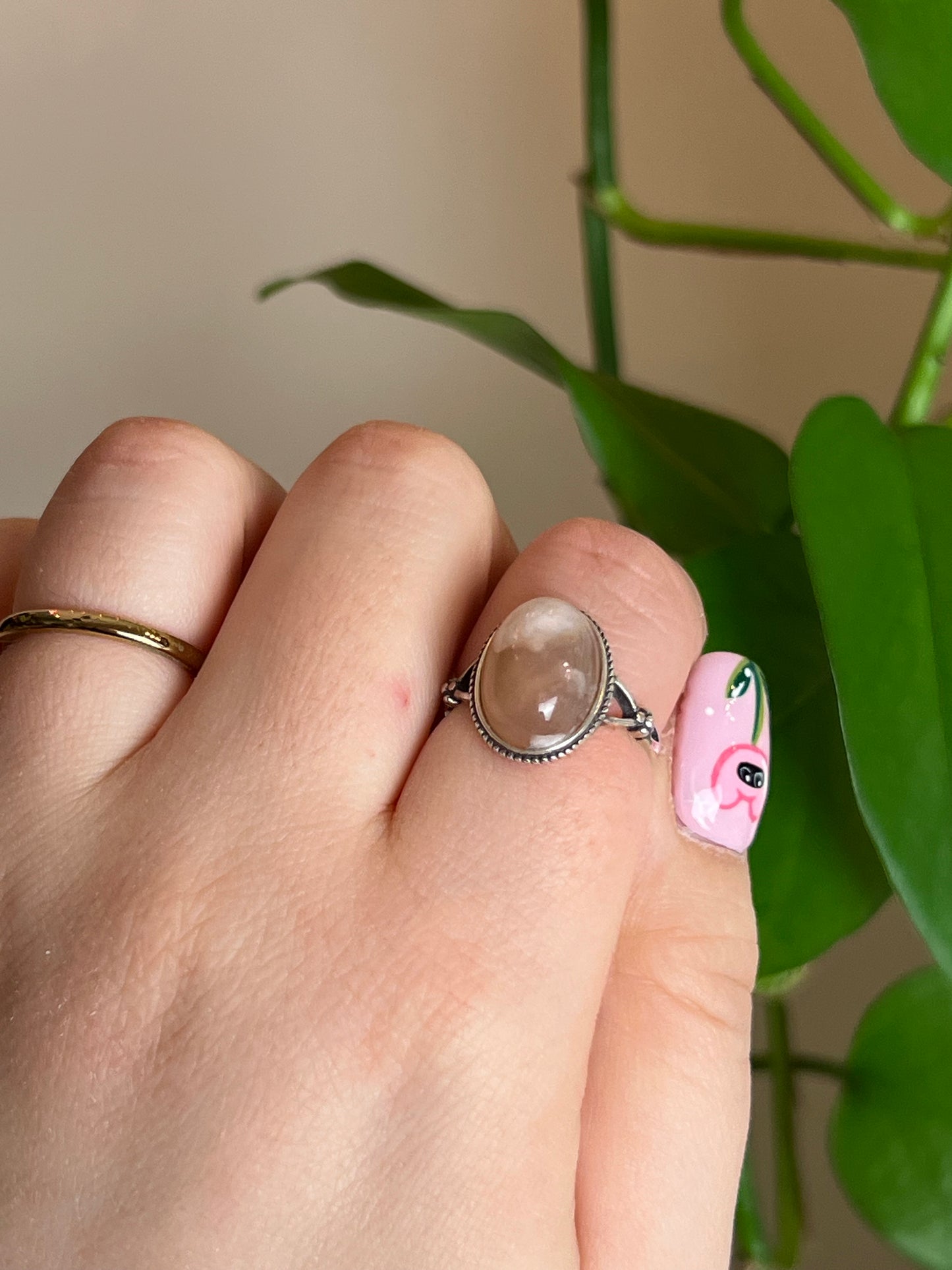 Flower Agate Sterling Silver Adjustable Ring - A