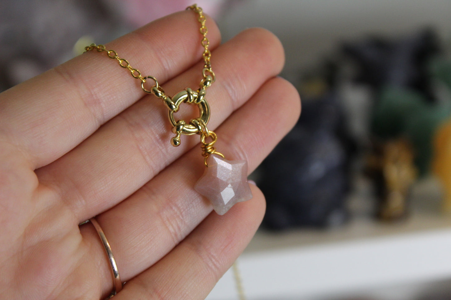 Peach Moonstone Faceted Star Gold Necklace