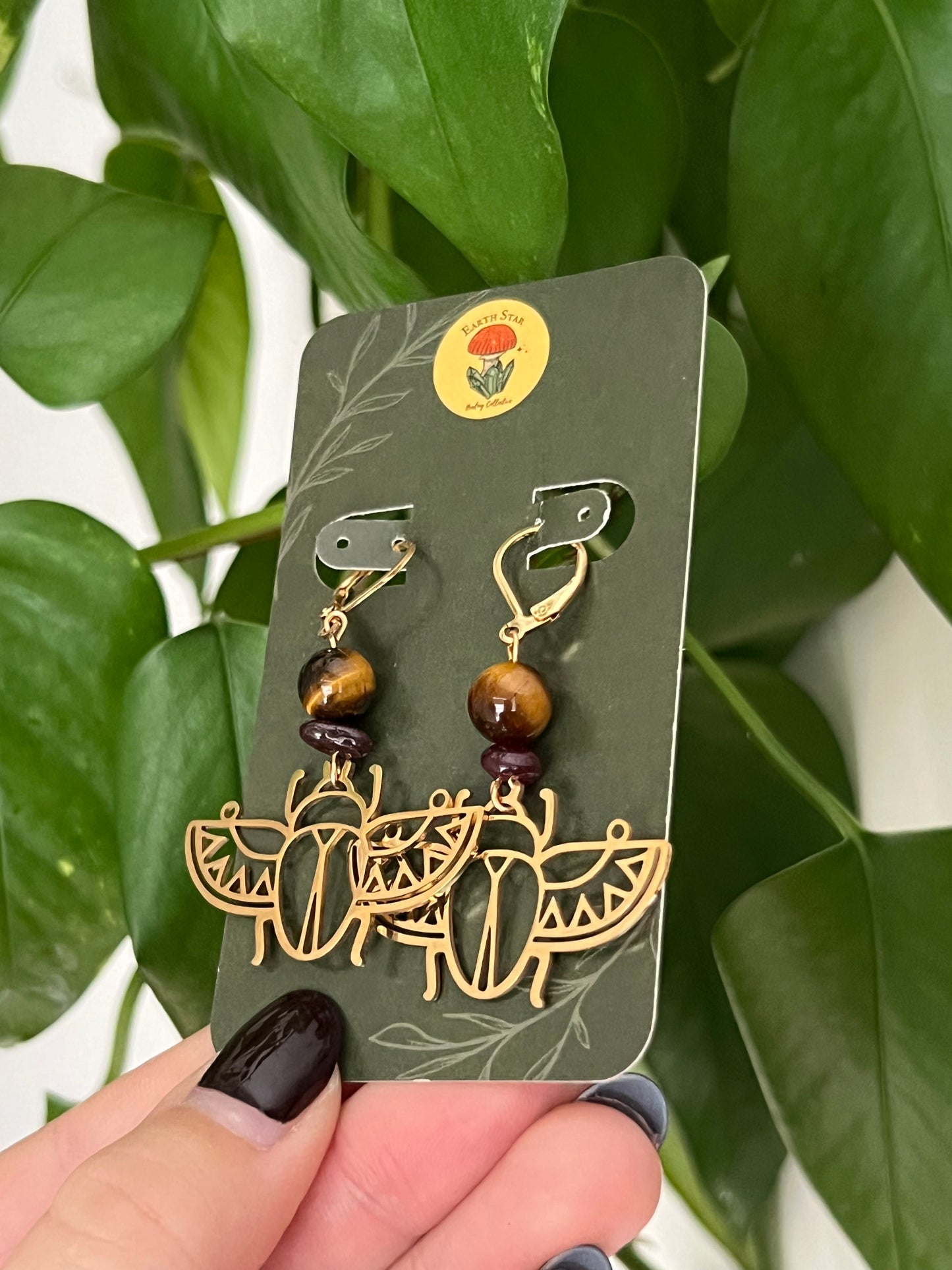 Tigers Eye & Garnet Beetle Earrings