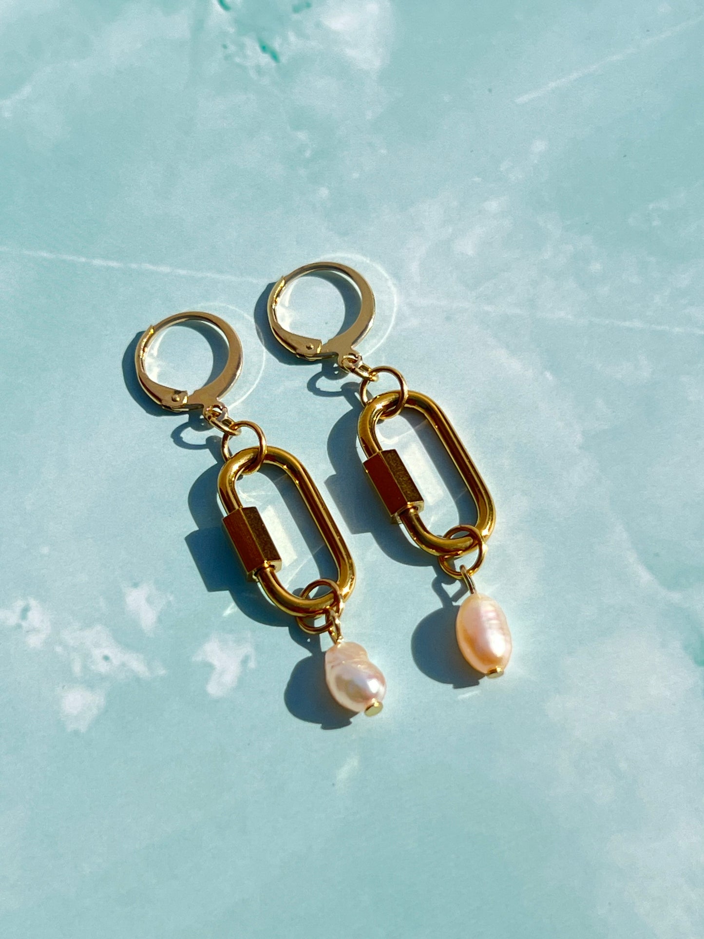 Freshwater Pearl Gold Carabiner Earrings