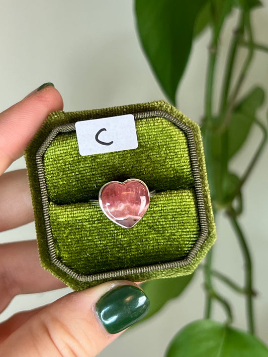 Rhodochrosite Heart Sterling Silver Ring C | Adjustable