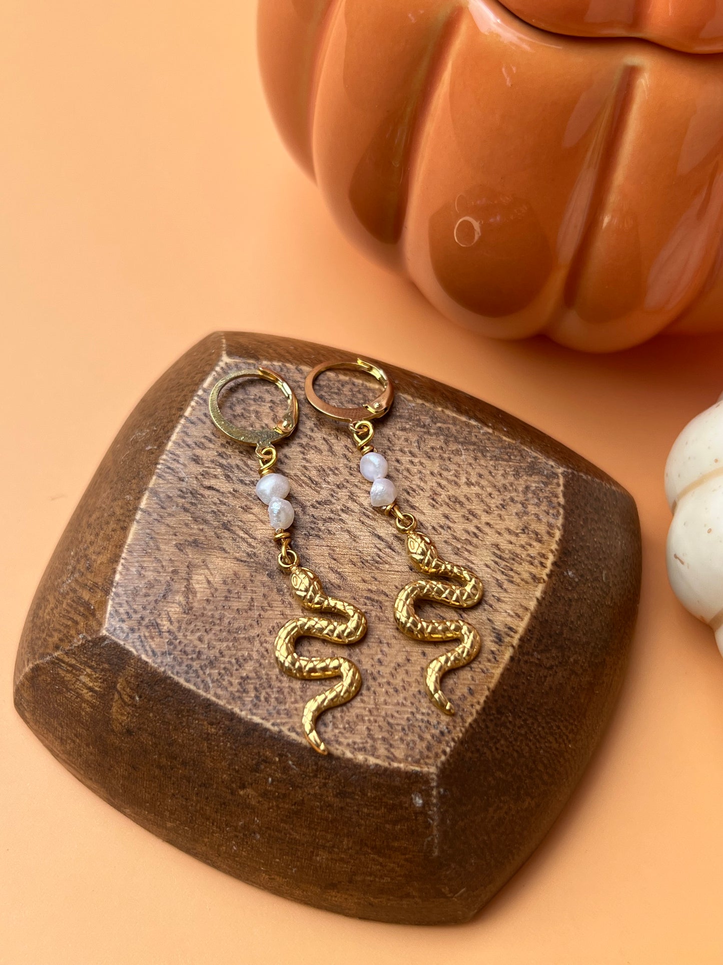 Freshwater Pearl Gold Snake Earrings
