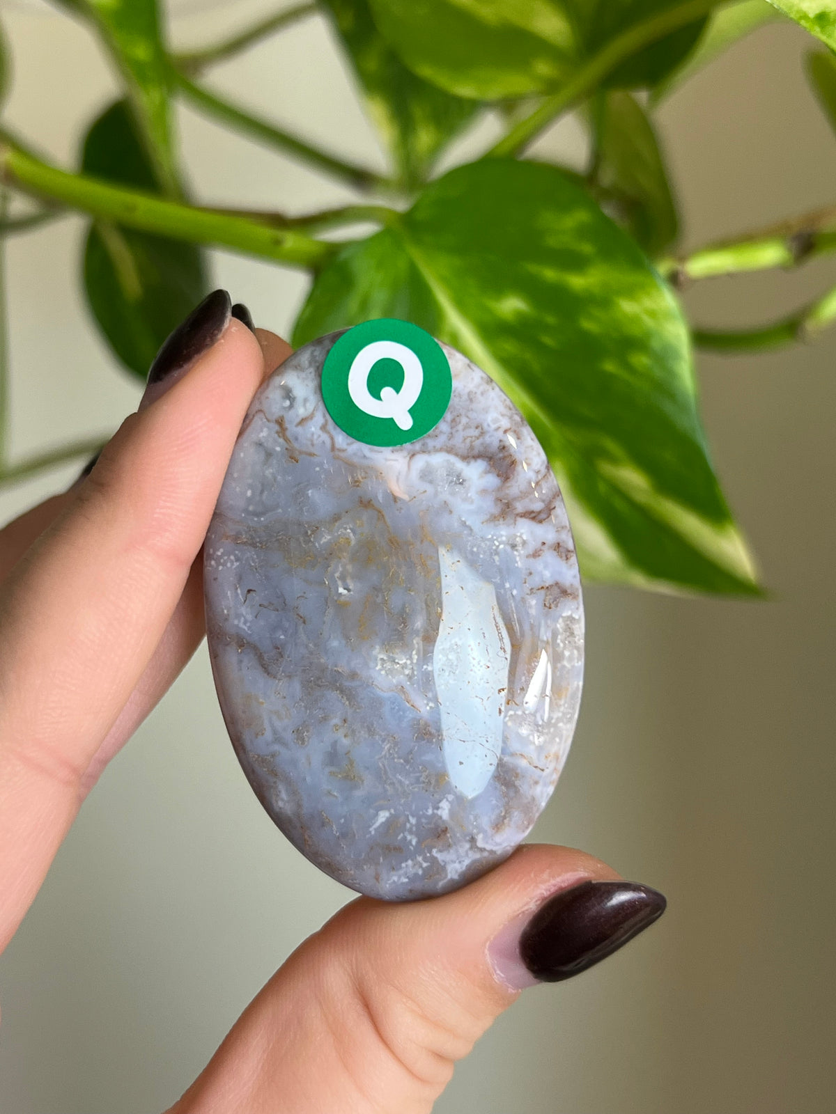 White Moss Agate Small Palm Stone - Q