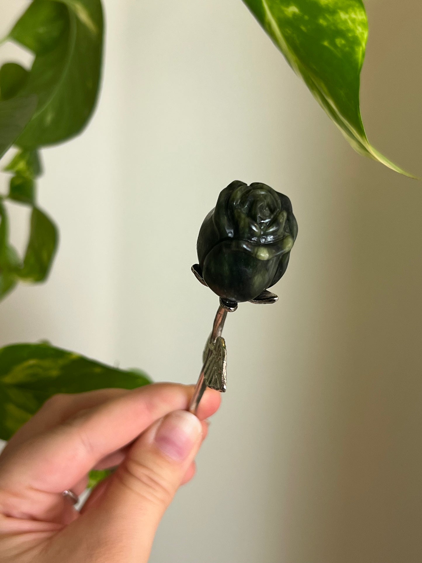 Moody Jade Rose on Silver Stem