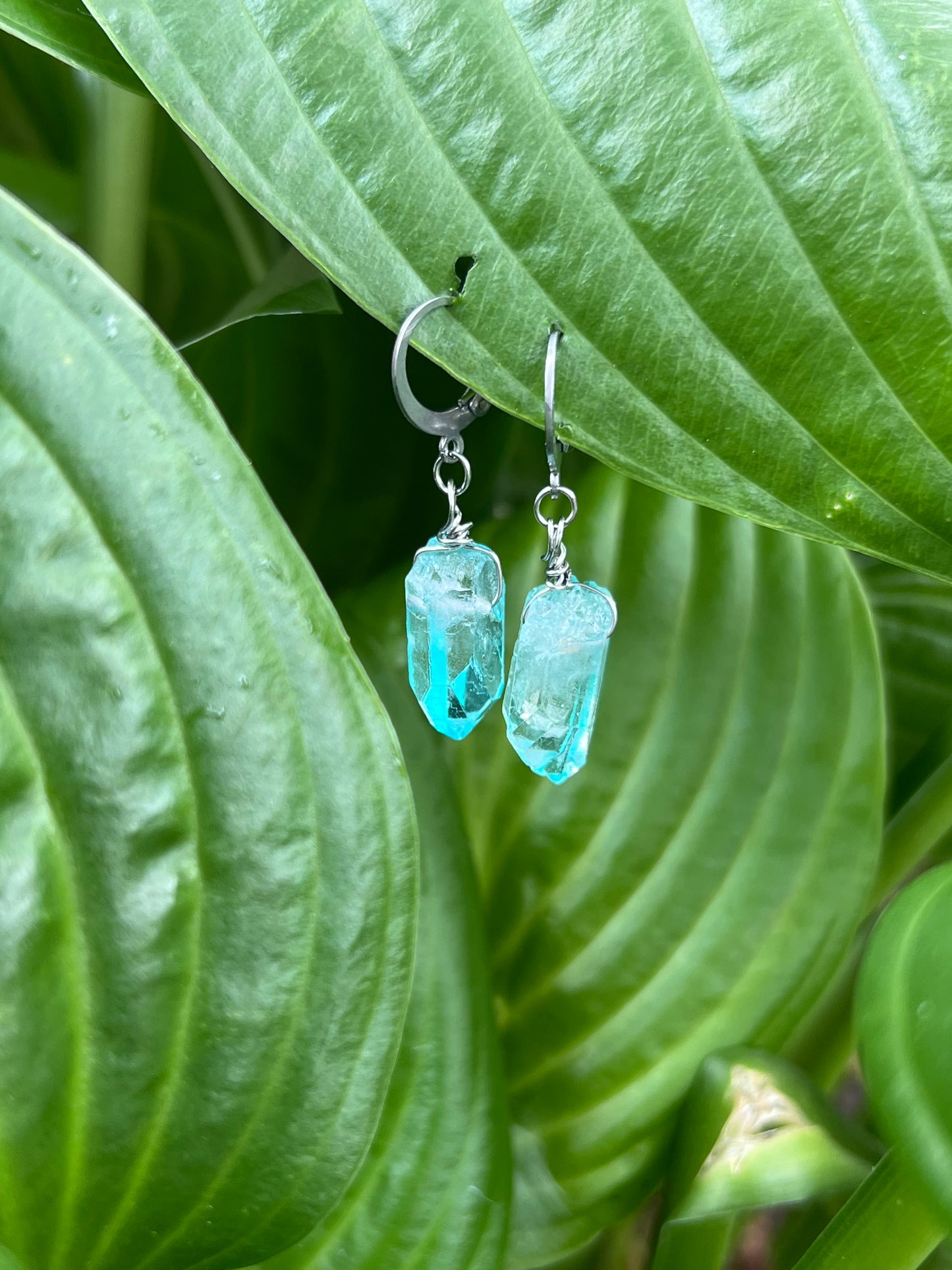 Sky Blue Aura Quartz Point Huggies 🌊