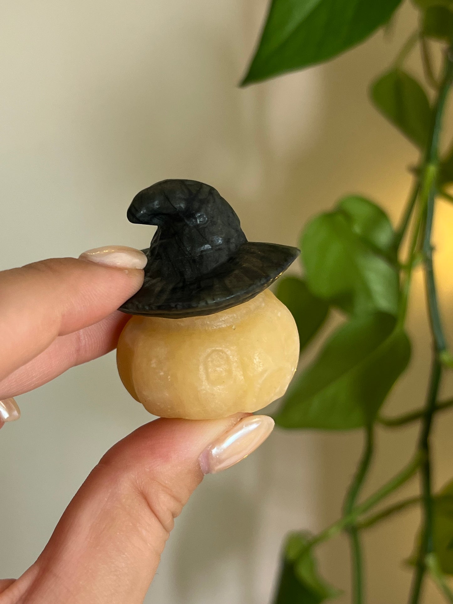 Orange Calcite + Jade Pumpkin House With Witch Hat