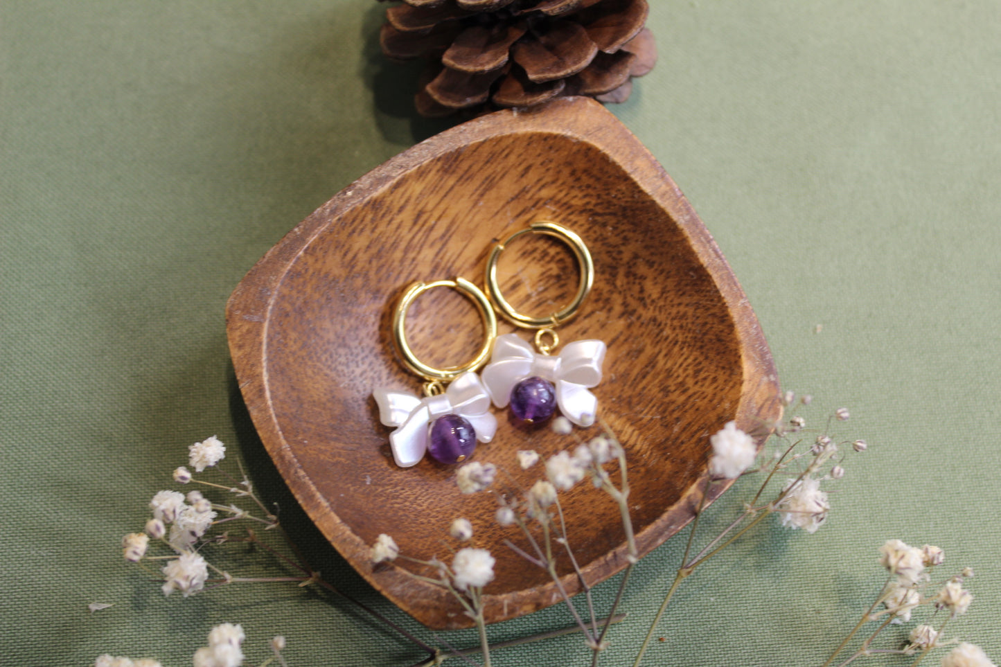 Amethyst Bow Gold Earrings