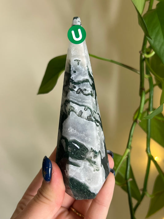 Moss Agate Faceted Tower - U