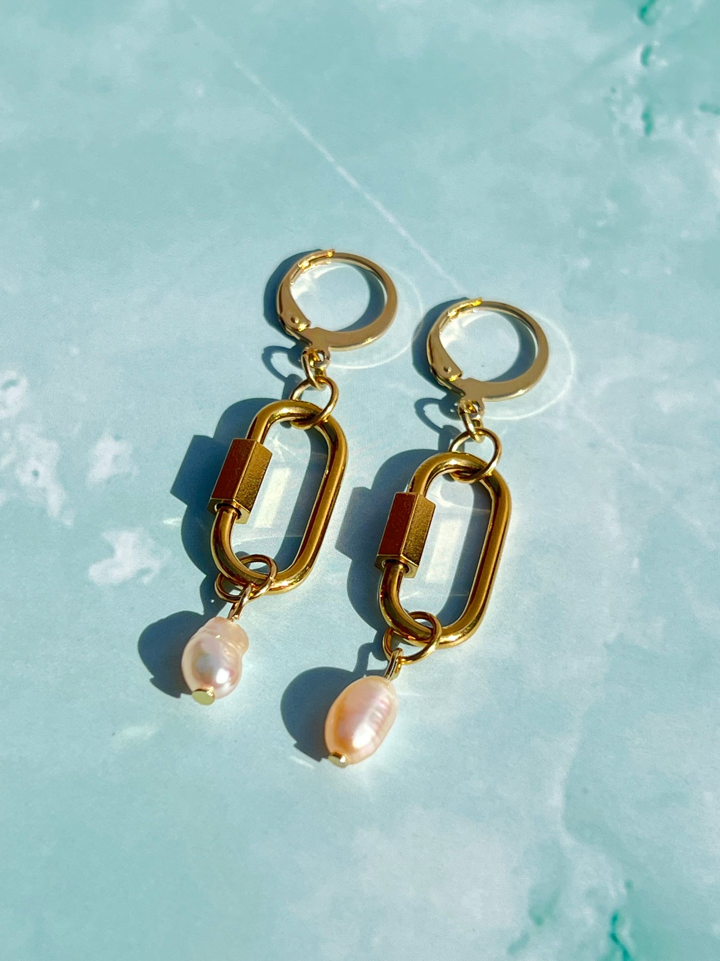 Freshwater Pearl Gold Carabiner Earrings