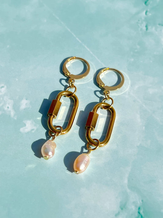 Freshwater Pearl Gold Carabiner Earrings