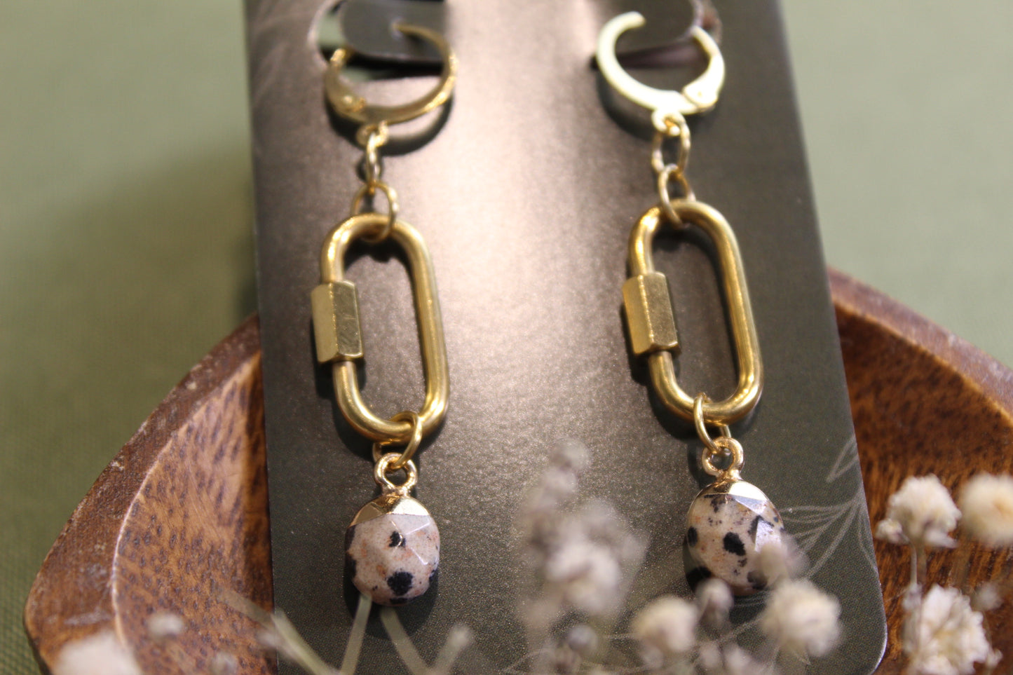 Dalmatian Jasper Gold Carabiner Earrings