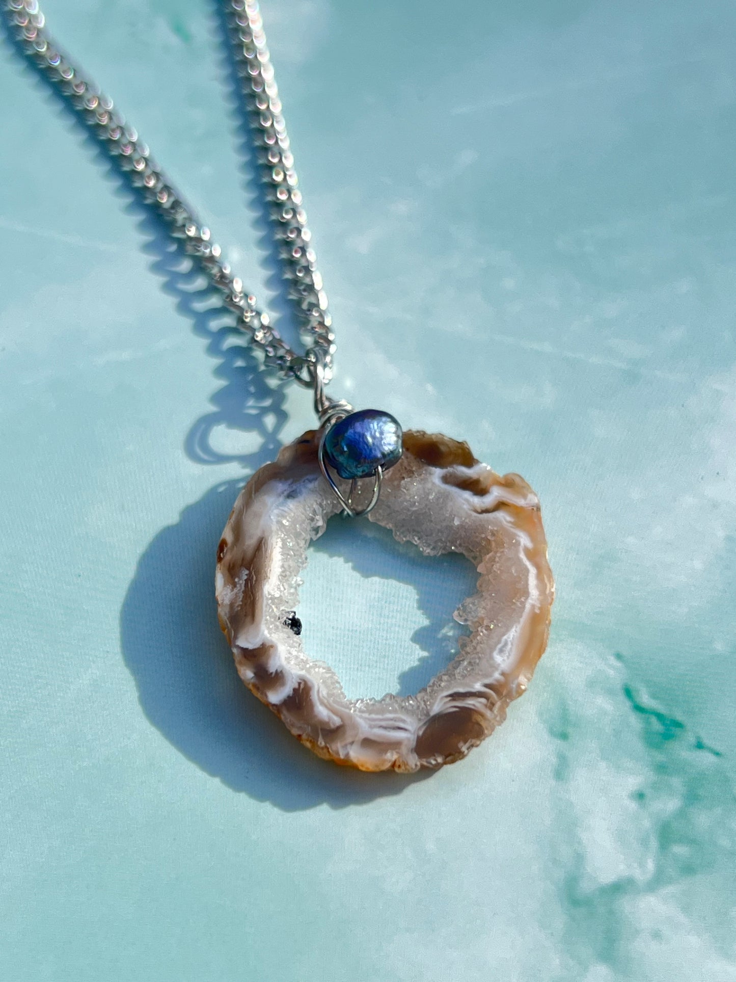 Freshwater Pearl and Druzy Agate Necklace - 1