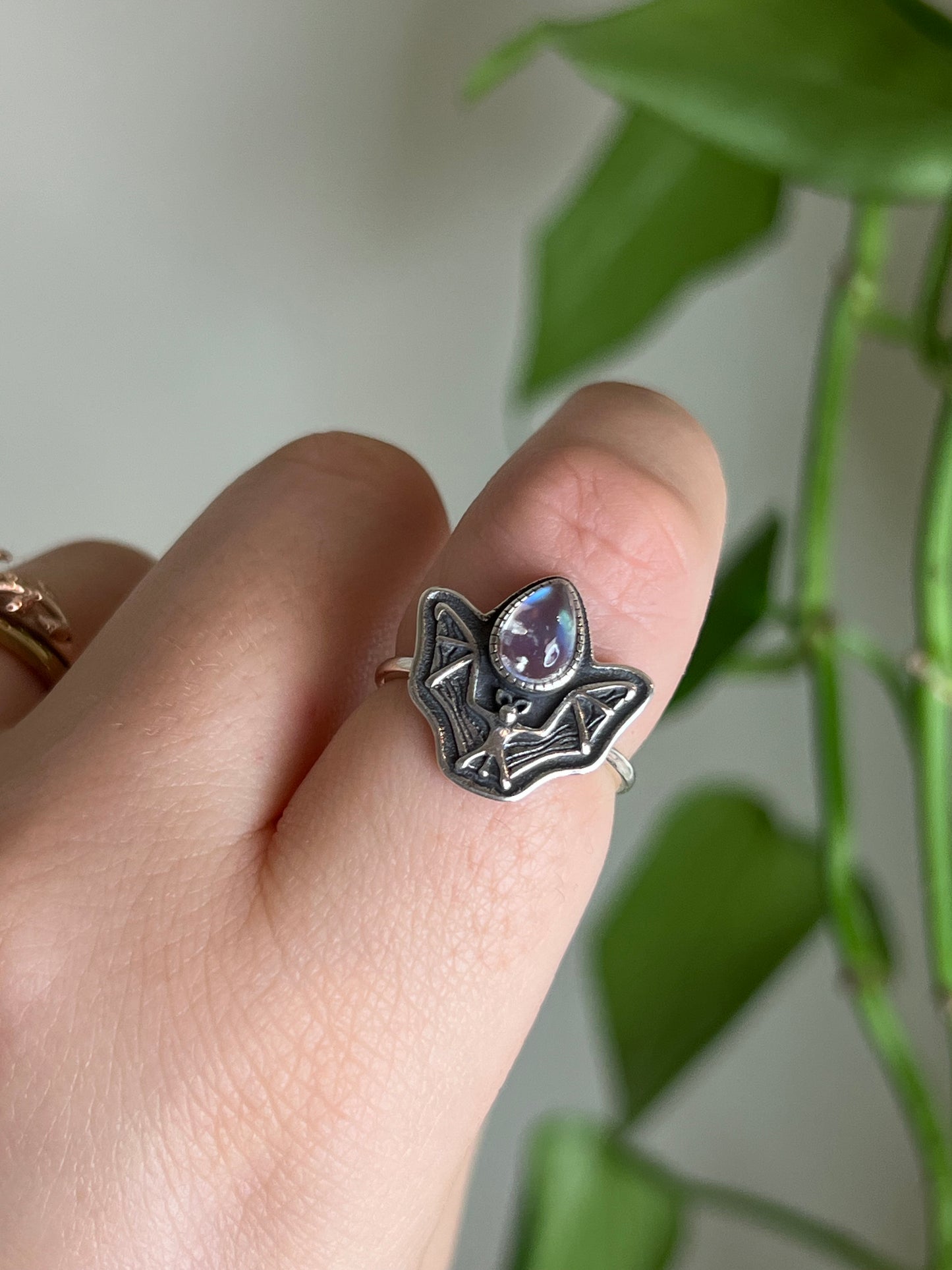 Moonstone Bat Sterling Silver Ring