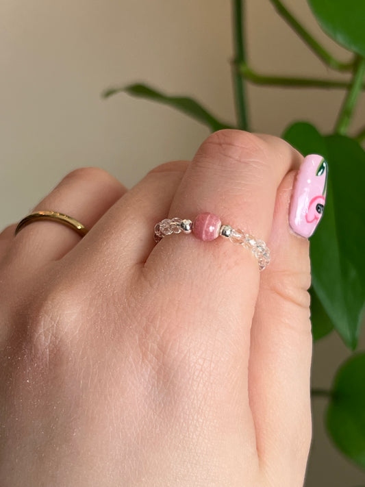 Rhodochrosite and Clear Quartz Stretchy Ring