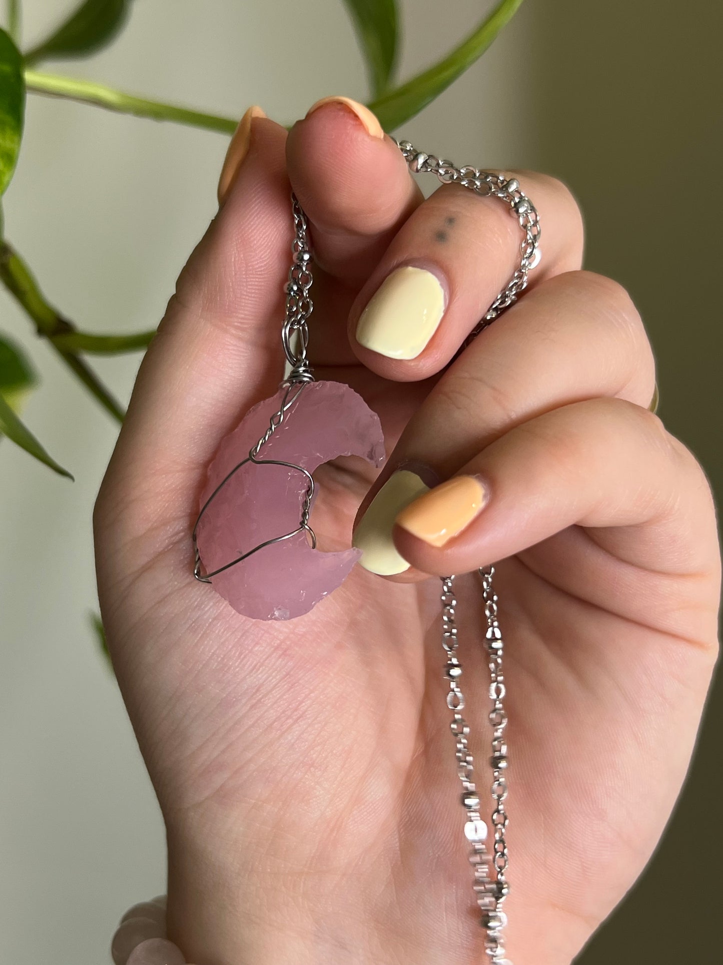 Rose Quartz Moon Wrapped Silver Necklace