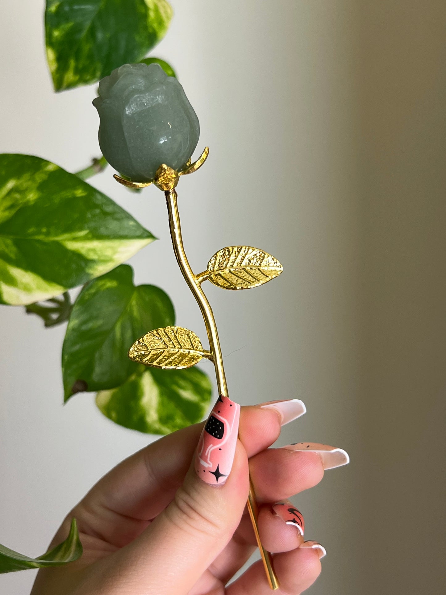 Green Aventurine Rose on Gold Stem