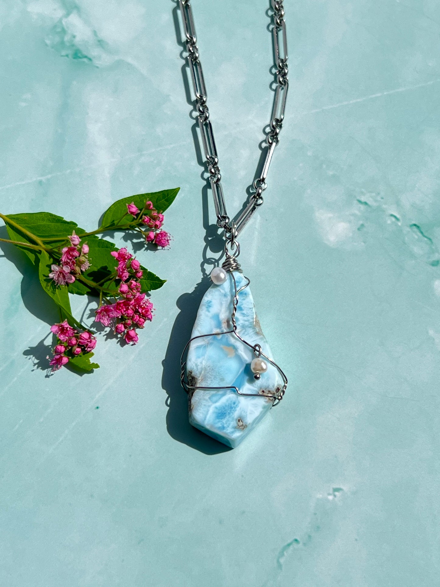 Larimar + Freshwater Pearl Wrapped Silver Necklace