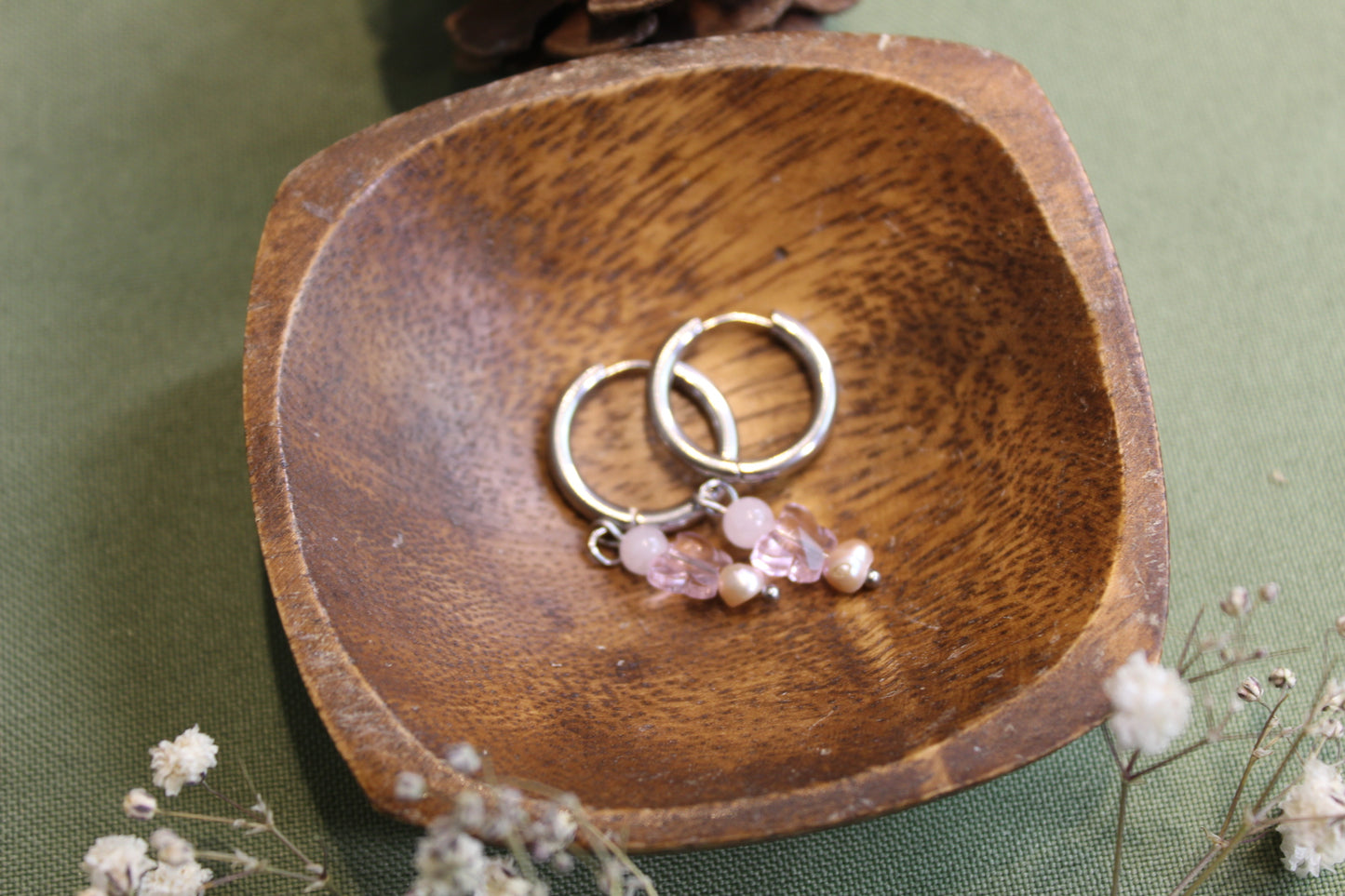 Pearl & Rose Quartz Butterfly Silver Hoops