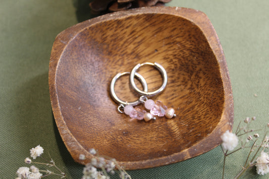 Pearl & Rose Quartz Butterfly Silver Hoops