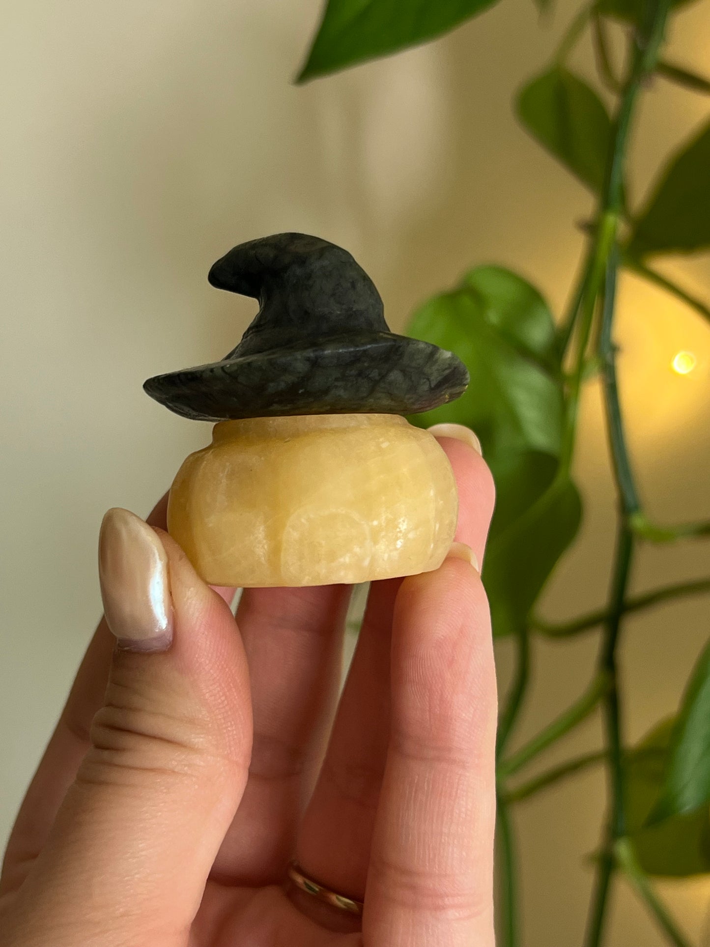 Orange Calcite + Jade Pumpkin House With Witch Hat
