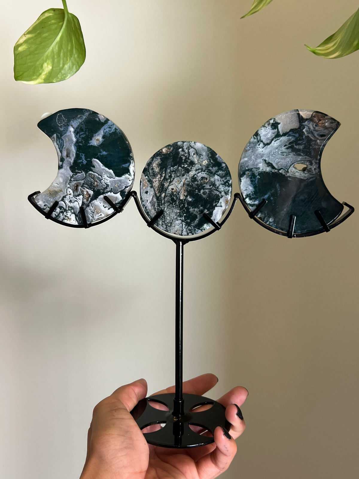 Druzy Moss Agate Triple Moon Stand - M