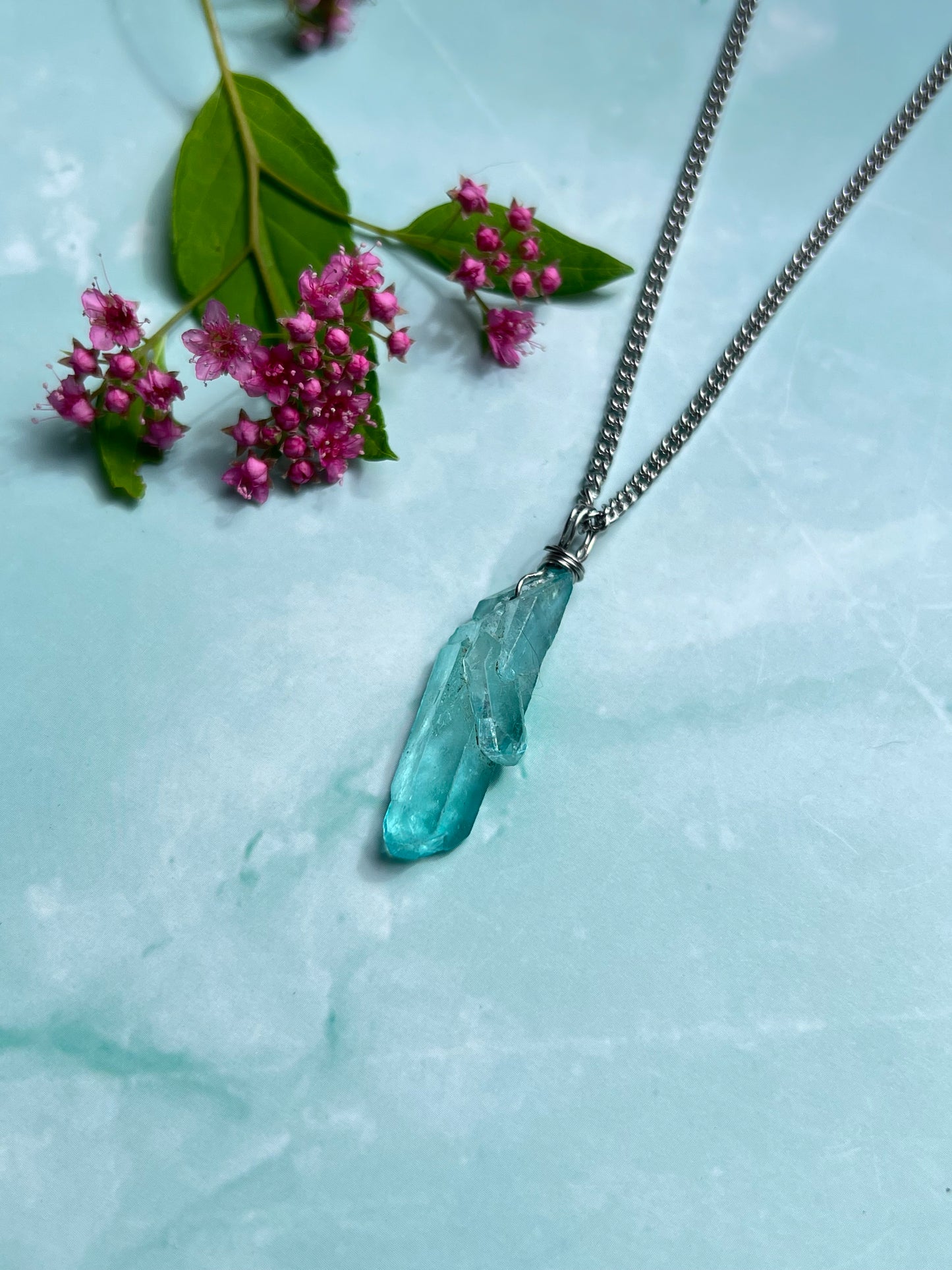 Sky Blue Twin Aura Quartz Point Wrapped Dainty Silver Necklace