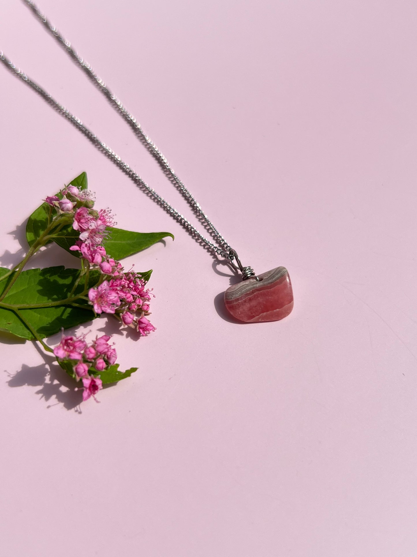 Rhodochrosite Wrapped Dainty Silver Necklace 🌸