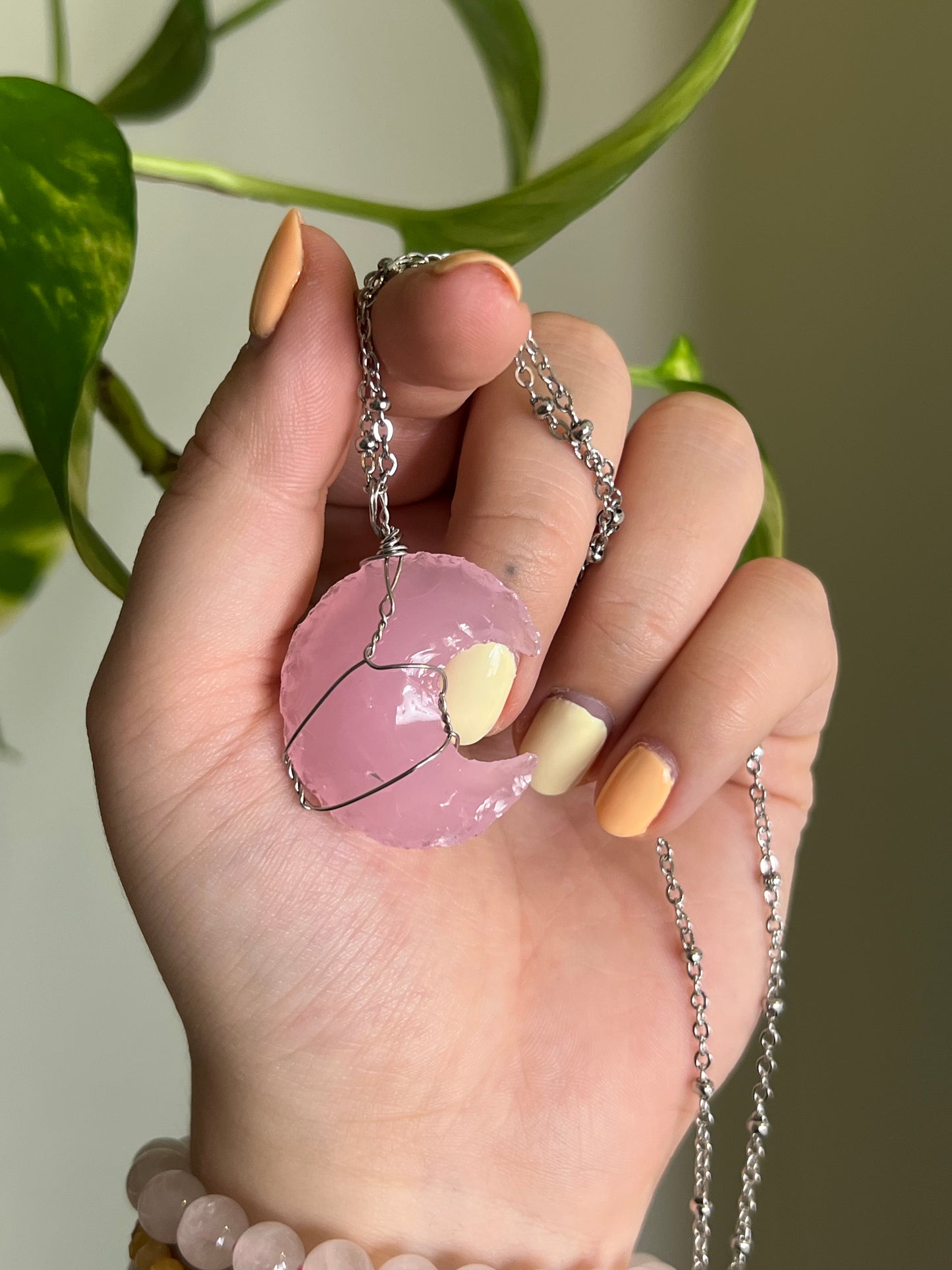 Rose Quartz Moon Wrapped Silver Necklace