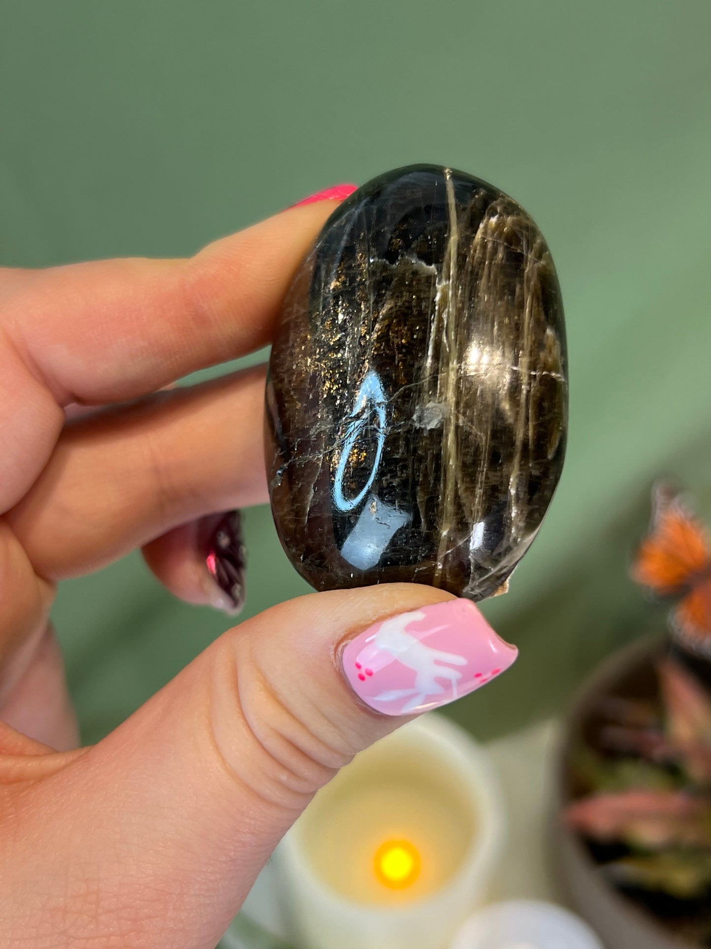 Green Tourmaline Flashy Palm Stone - Medium