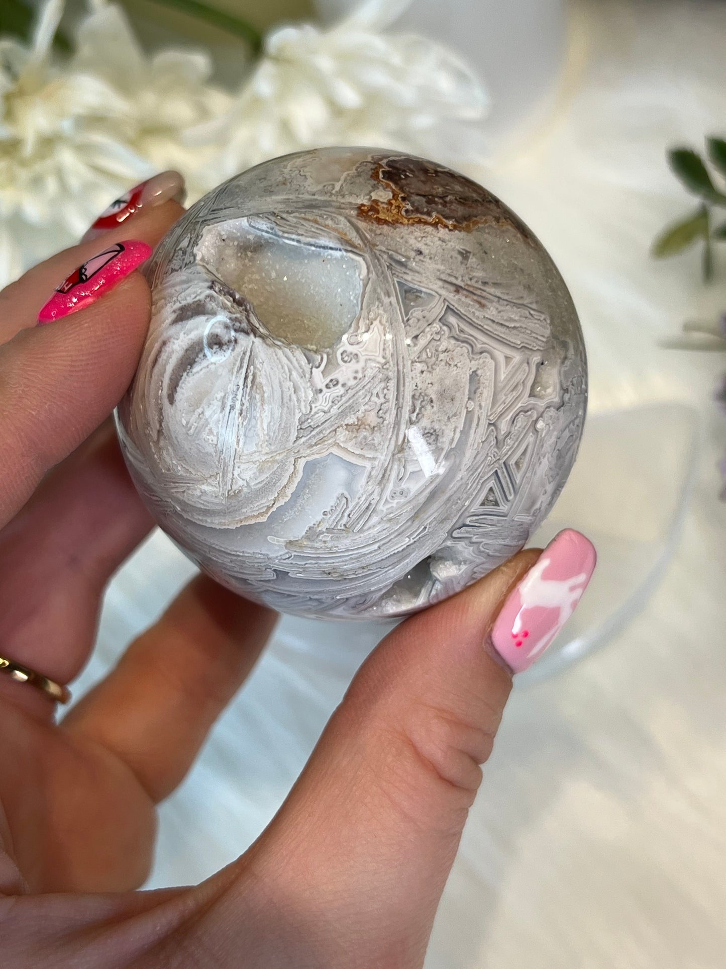 White Lace Agate Druzy Sphere U