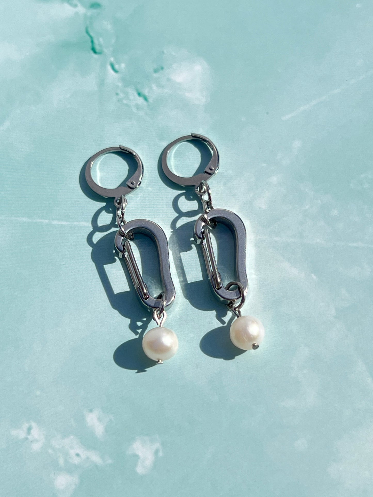 Freshwater Pearl Silver Carabiner Earrings
