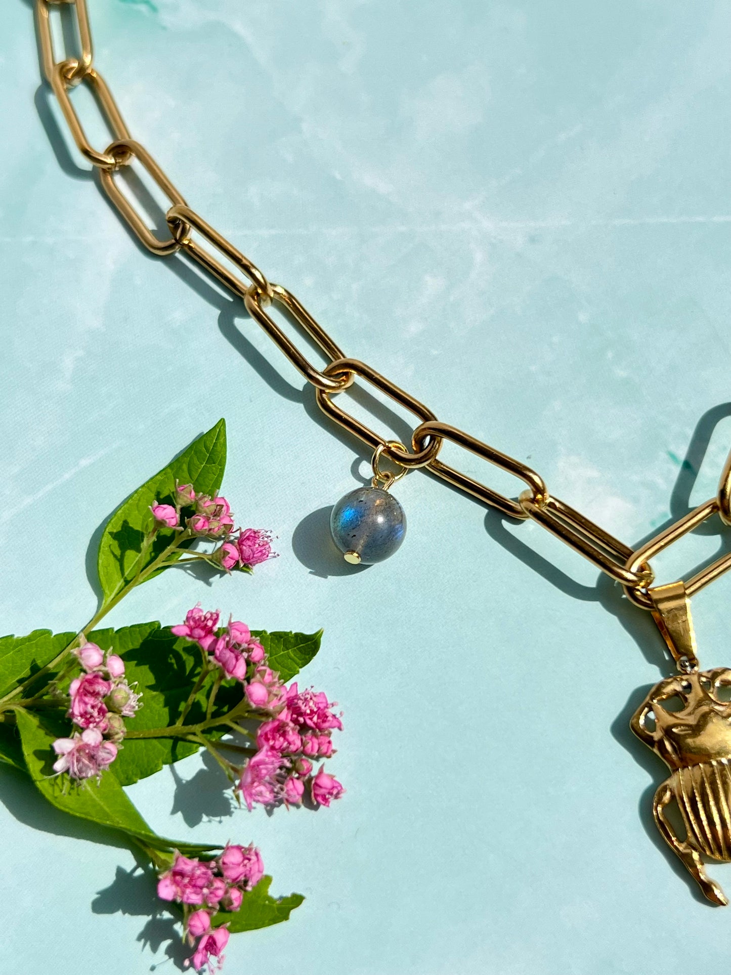 Labradorite Beetle Gold Charm Necklace