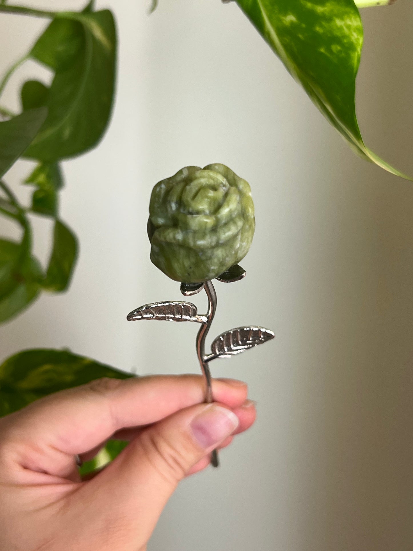 Pastel Jade Rose on Silver Stem