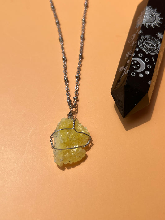 Neon Brucite Raw Wrapped Silver Necklace 🍋