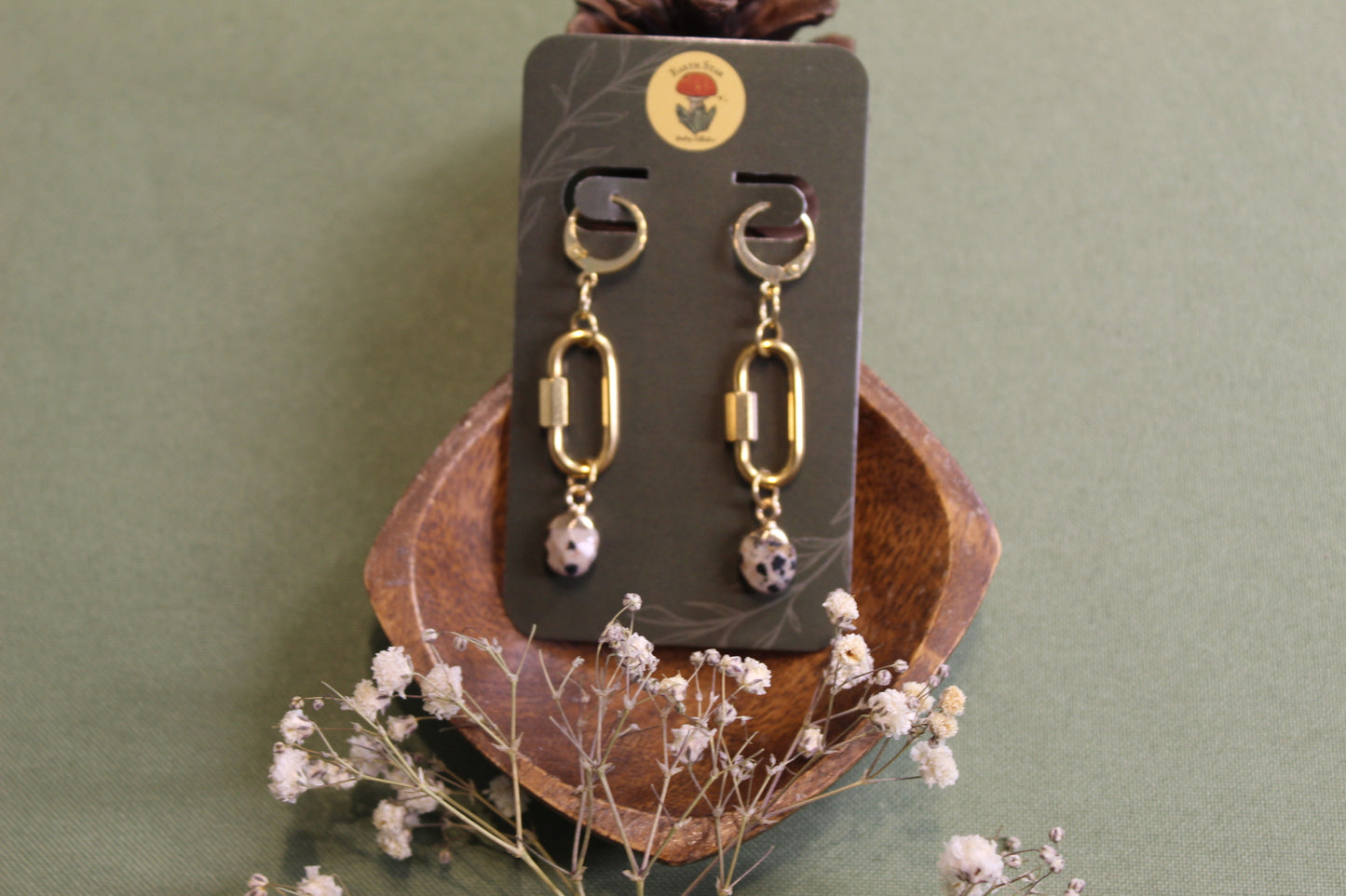 Dalmatian Jasper Gold Carabiner Earrings