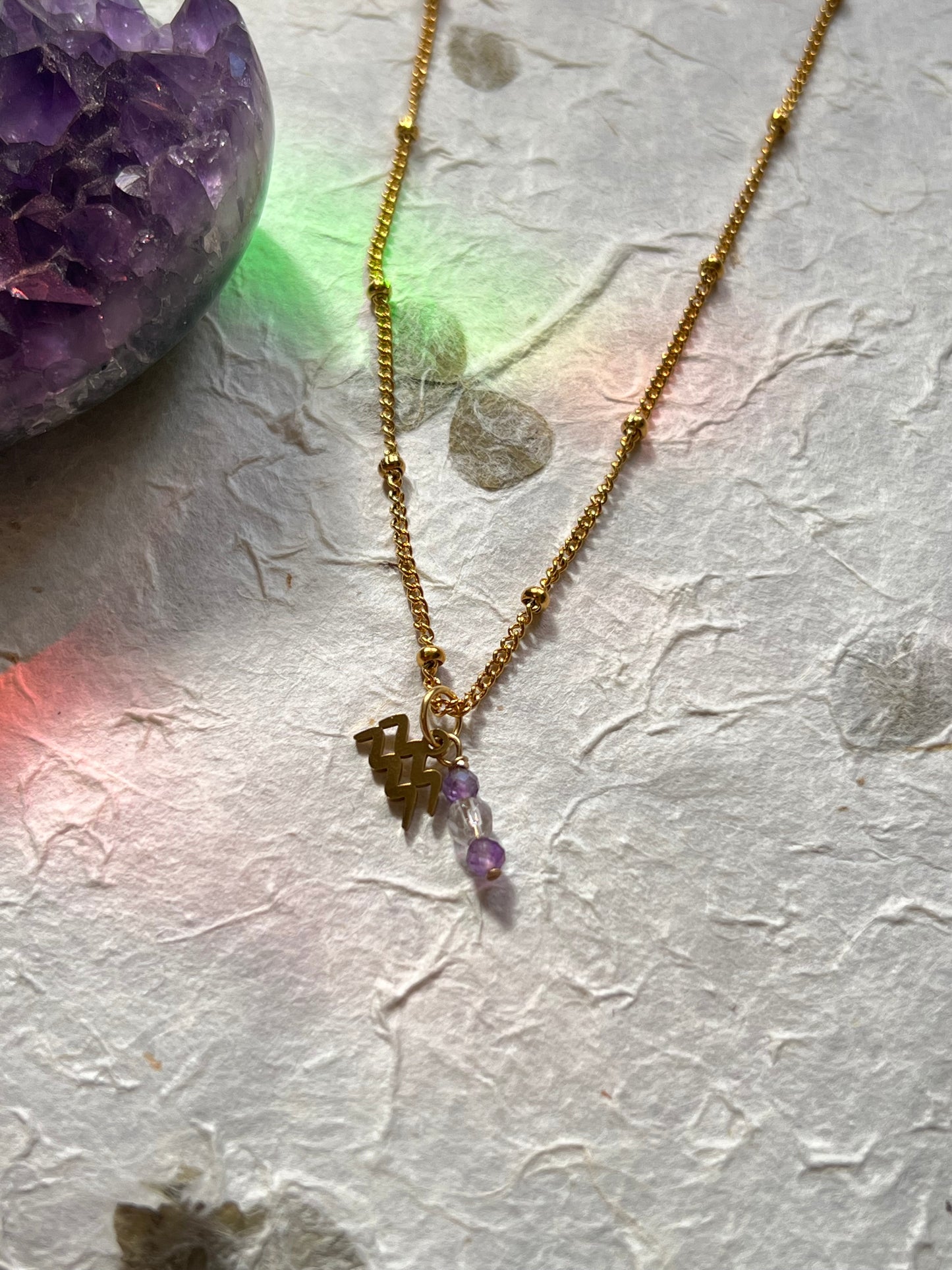 Aquarius Zodiac Sign Gemstone Gold Necklace