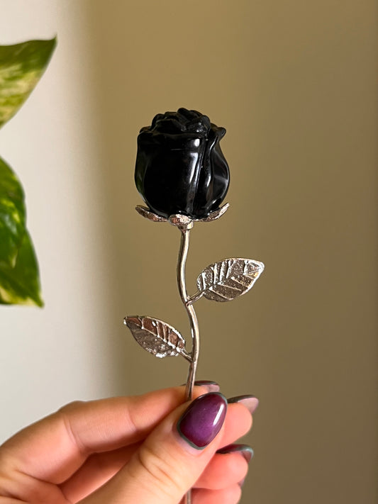 Black Obsidian Rose Silver Stem